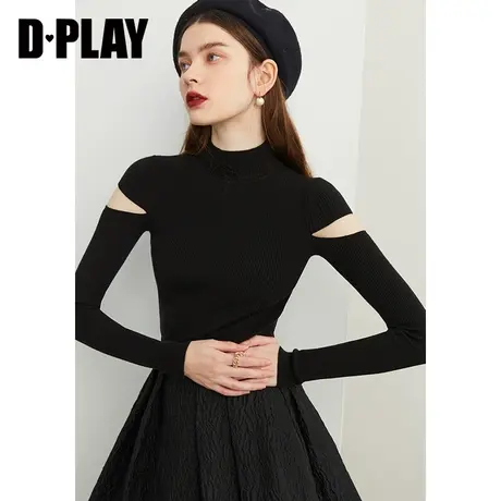 DPLAY冬新品复古法式半高领修身露肩经典黑套头针织衫商品大图