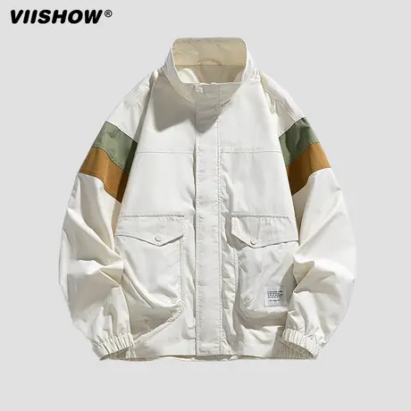 VIISHOW复古撞色拼接立领外套男潮牌宽松情侣休闲百搭冲锋夹克夹商品大图