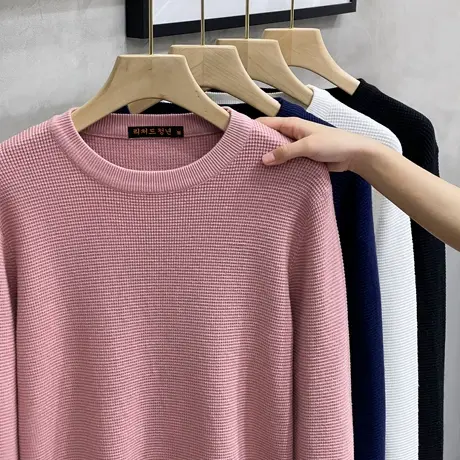 肌理感弹力新款秋冬季潮牌圆领毛衣男士厚款男装打底针织衫男线衣商品大图