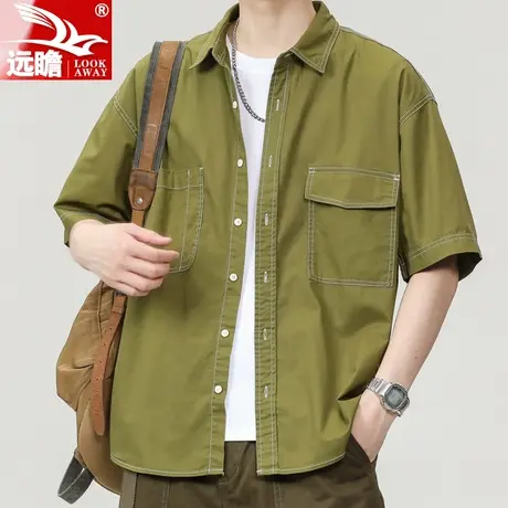 男士短袖衬衫夏季薄款宽松休闲外套2023新款纯棉潮牌工装衬衣男款图片