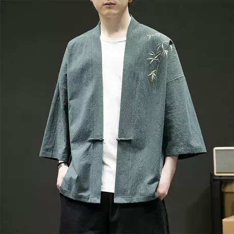 新中式短袖衬衫男汉服元素男款夏季棉麻中国风宽松道袍刺绣外套潮商品大图