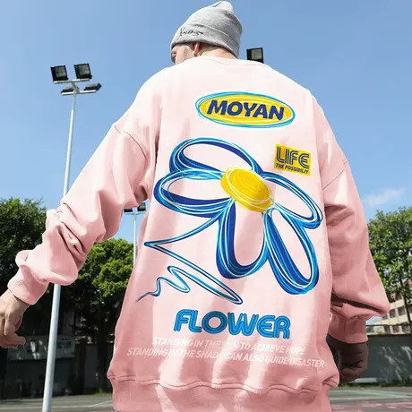 粉色卫衣男款潮牌加绒宽松套头情侣装胖子男装圆领大码秋冬款潮流图片