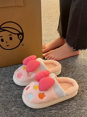 棉拖鞋女款冬季外穿蝴蝶结厚底学生宿舍包头毛绒拖鞋家居室内拖鞋商品大图