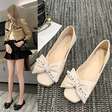 单鞋女春秋2023年新款法式温柔晚晚鞋平底浅口豆豆鞋妈妈鞋方跟商品大图