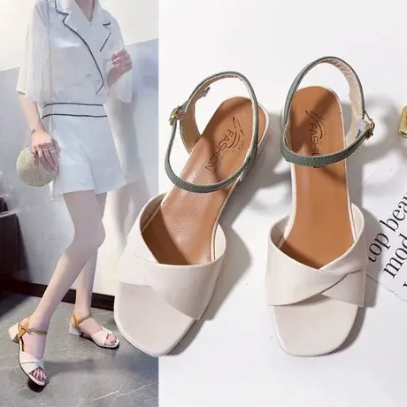 玛丽珍鞋女2023年法式新款时尚英伦风中跟蝴蝶结珍珠夏季粗跟凉鞋商品大图