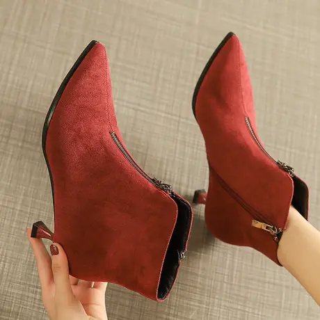 尖头细跟靴子女短靴2023年新款百搭春秋单靴冬季气质前拉链及裸靴商品大图