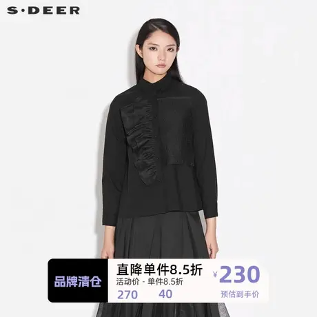 S·DEER圣迪奥女装时尚翻领褶裥拼接黑色长袖衬衫S21380505商品大图