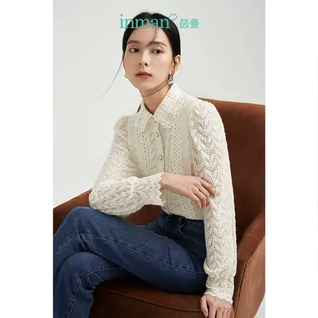 【商场同款】茵曼绣花女2021冬季新款翻领甜美百搭蕾丝边长袖衬衫商品大图