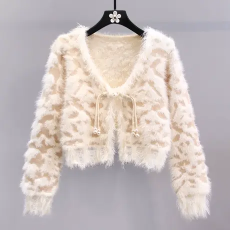 小香风水貂绒豹纹毛衣外套女秋冬2023新款高级感洋气短款针织开衫图片