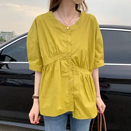 2023夏季设计感拼接小众宽松韩版百搭减龄不对称褶皱衬衫女上衣商品大图