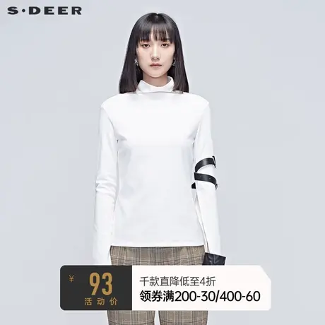 sdeer圣迪奥女装春秋装高领绑带长袖开叉白色打底衫T恤S20380224🔙商品大图