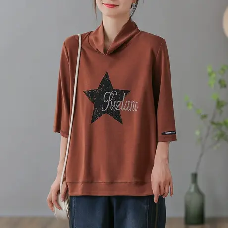 dza复古纯棉宽松五分袖T恤女春秋内搭高领打底衫休闲半袖显瘦上衣商品大图