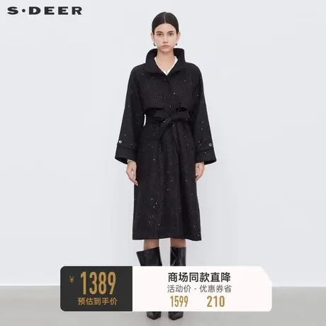 sdeer圣迪奥女装复古立领收腰亮片宽松长款大衣S23482505👖图片