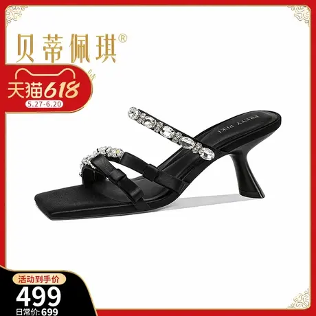 时尚水钻一字带细跟拖鞋女2025年夏季新款方头露趾高跟蝴蝶结凉拖商品大图