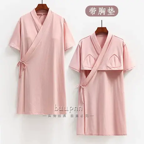 带胸垫中式国风睡袍女五分袖斜襟系带可穿式浴袍家居服商品大图