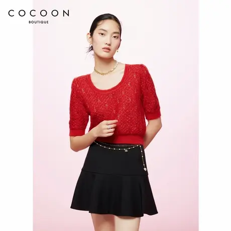 可可尼COCOON 商场同款 新款大U领型珠片纱网五分泡泡袖针织衫女图片