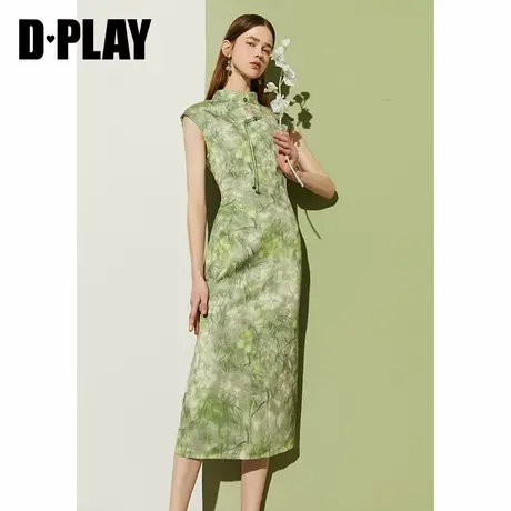 DPLAY夏新中式绿色印花定制国风珠扣收腰国风连衣裙女图片