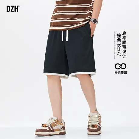 男士黑色拼接透气短裤男夏外穿2025新款松美式五分裤宽冰丝运动裤商品大图