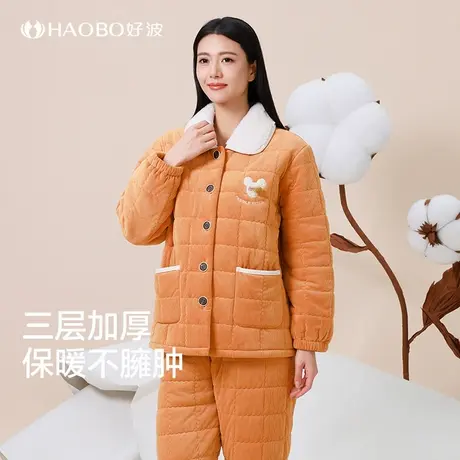 好波冬季抗寒睡衣女翻领大码加厚家居服长袖长裤睡衣套装HJ2498商品大图