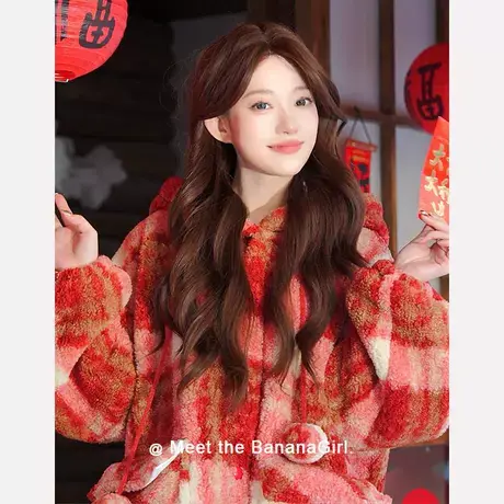 Bananagirl睡衣女套冬季新款加厚保暖红色格子可外穿家居服女套装商品大图