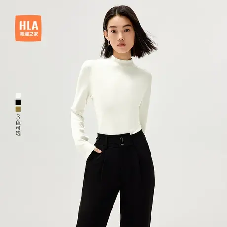 HLA/海澜之家黑色长袖圆领T恤秋季新款半高领直筒保暖打底衫女装商品大图