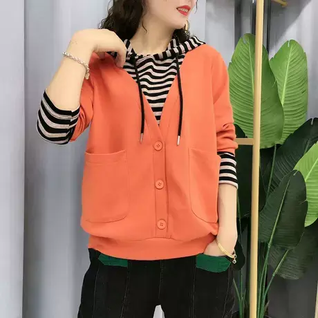 条纹拼接假两件连帽卫衣女春秋2023新款时尚减龄宽松外穿上衣女装商品大图