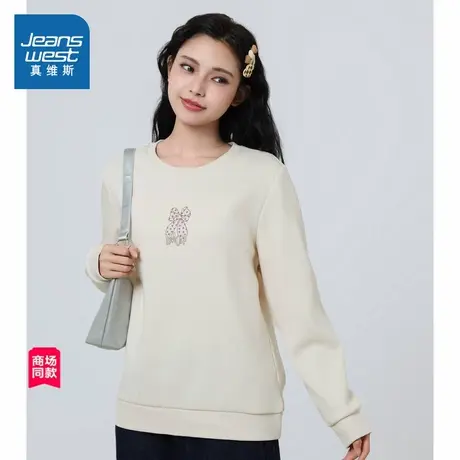 JW真维斯女装加绒卫衣冬季少女风圆领套头衫印花长袖上衣商品大图