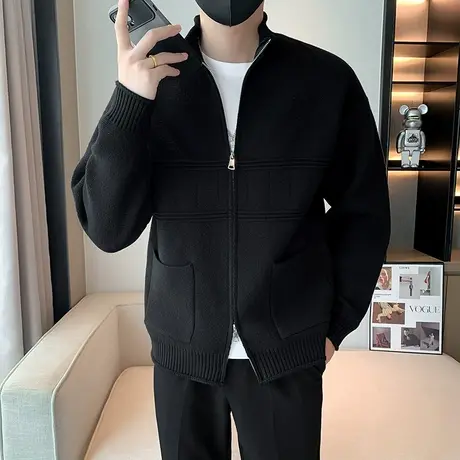 秋冬款纯色针织衫外套小众韩版简约休闲慵懒风高级感毛衣开衫夹克商品大图