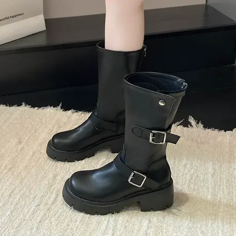 英伦风百搭鞋子女2025年秋季新款粗跟增高骑士靴小个子西部马丁靴商品大图