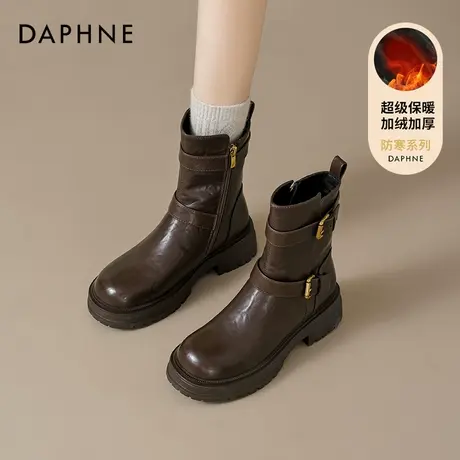 达芙妮高级感短靴子女秋冬加绒2024新款爆款皮带扣英伦风马丁靴鞋商品大图