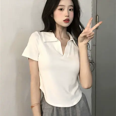正肩t恤短袖女夏季2023polo衫设计感小众不规则别致独特短款上衣商品大图