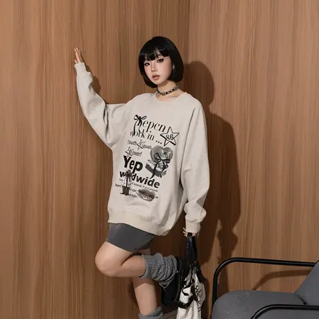 YEP设计感复古印花圆领卫衣女春秋新款插肩袖美式套头宽松上衣潮商品大图