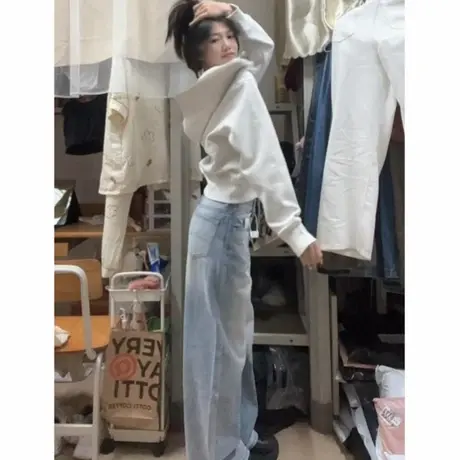灰色短款卫衣外套女款早秋季2025新款正肩连帽上衣重磅韩系穿搭in商品大图