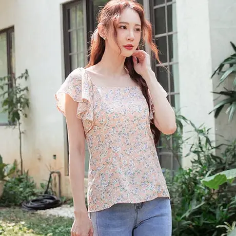 桔熊夏季韩版浪漫飘逸碎花荷叶飞飞袖柔软方领上衣女大码AB15156图片