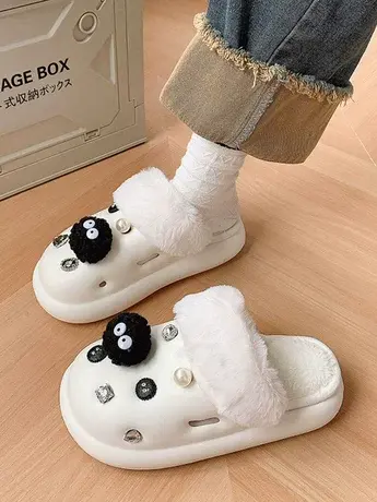 卡通可爱黑色系防水雪地靴女冬季外穿保暖加绒踩屎感包头拖鞋休闲商品大图