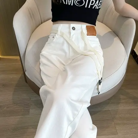 白色阔腿牛仔裤女2023年春秋新款高腰窄版宽松显瘦大码抽绳直筒裤商品大图