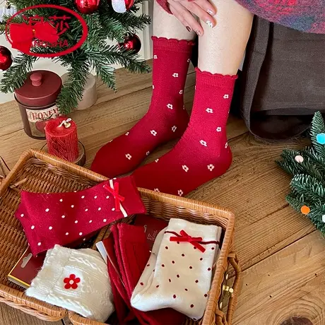 浪莎红色波点蝴蝶结中筒袜女士秋冬百搭花边堆堆袜本命年新年袜商品大图