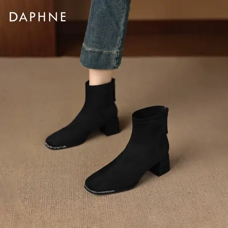 达芙妮靴子女2025新款爆款秋冬季黑色高跟短靴粗跟高级骑士马丁靴图片