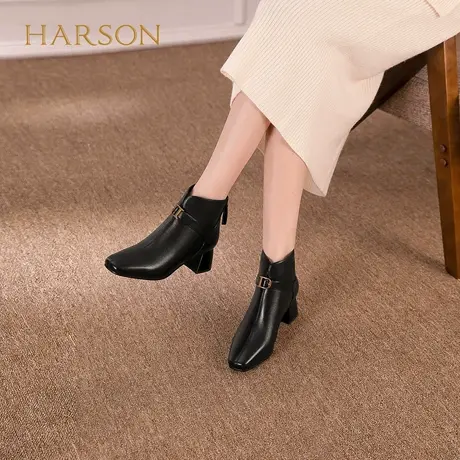 哈森2025冬季新款气质方头粗跟短靴女通勤百搭时装靴HWA250130图片