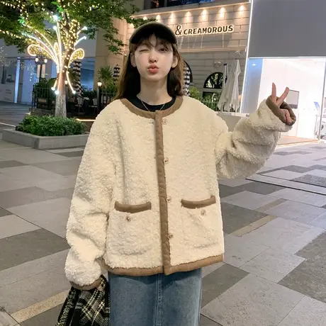 唐狮秋冬新款外套女圆领撞色短款仿羊羔毛小香风外套潮流instu图片