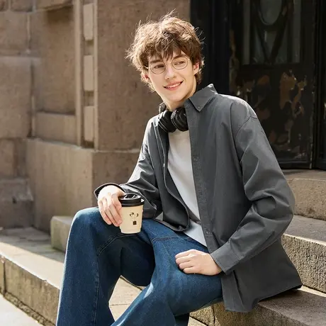 唐狮新款春秋长袖衬衫男翻领单口袋薄款早秋穿搭简约时尚上衣TMTA图片