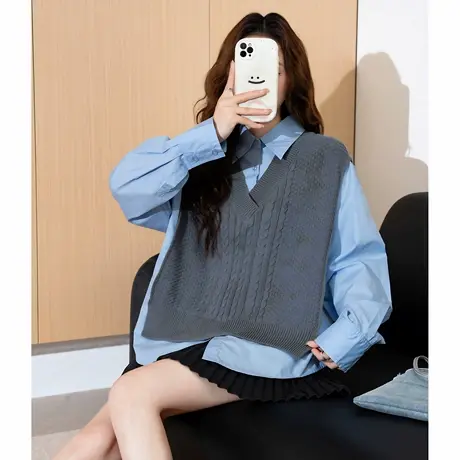 唐狮春季新款女长袖衬衫休闲假两件百搭通勤学院风宽松上衣TD图片