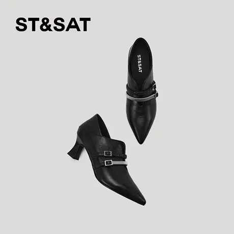 星期六法式深口单鞋女新款粗跟尖头皮带扣粗跟软底舒适百搭高跟鞋商品大图