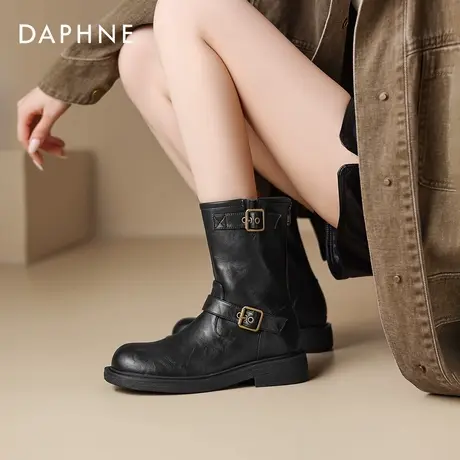 达芙妮英伦风短靴女2026冬季加绒新款平底骑士靴厚底马丁靴子黑色商品大图