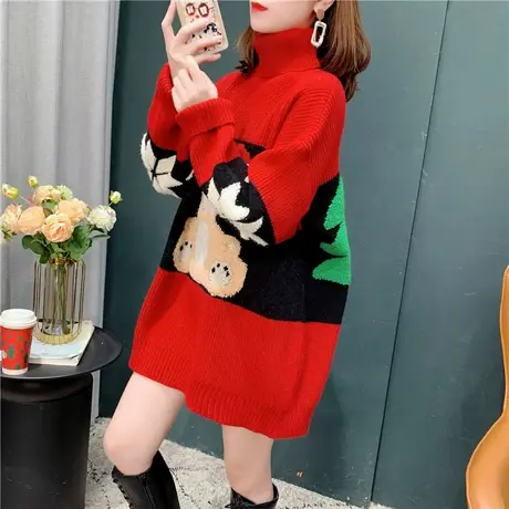 加厚高领毛衣女中长款2021年新款秋冬宽松百搭圣诞小熊红色打底衫商品大图