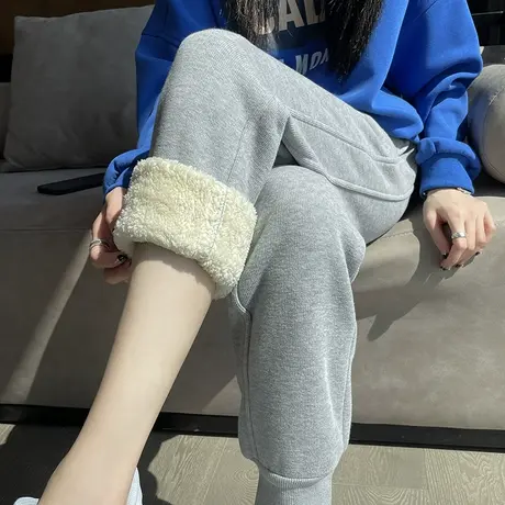 羊羔绒运动裤女冬季加绒加厚保暖棉裤宽松灰色休闲哈伦裤束脚卫裤图片