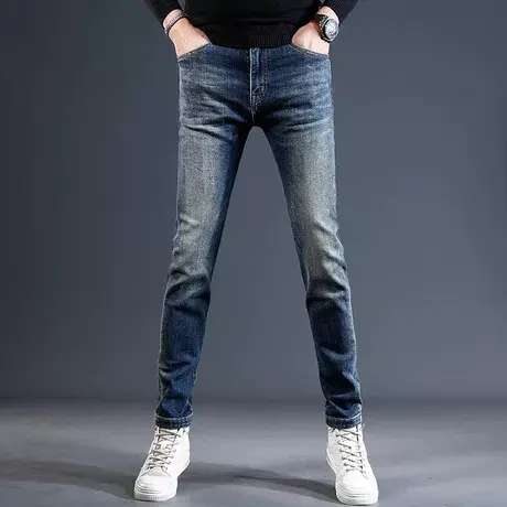 高端复古经典蓝色牛仔裤男2023新款秋冬款修身小脚弹力休闲男裤子商品大图