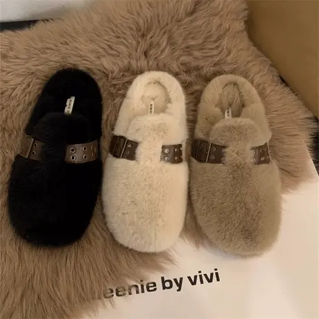 水貂毛毛鞋女外穿2023新款秋冬仙女风一脚蹬豆豆鞋女平底加绒棉鞋商品大图