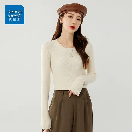 真维斯打底衫女2022新款纯色圆领针织衫时尚修身内搭洋气毛衣图片