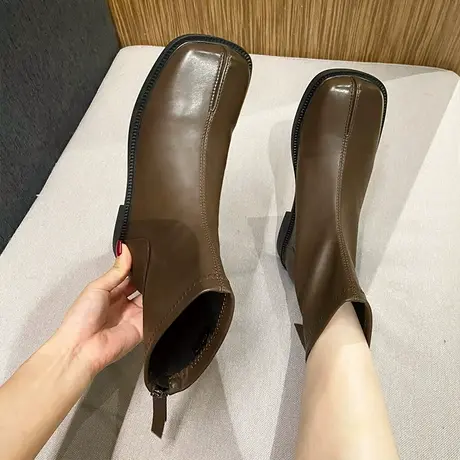 短靴女2023年新款秋冬季英伦风粗跟方头马丁靴百搭时装靴平底靴子商品大图